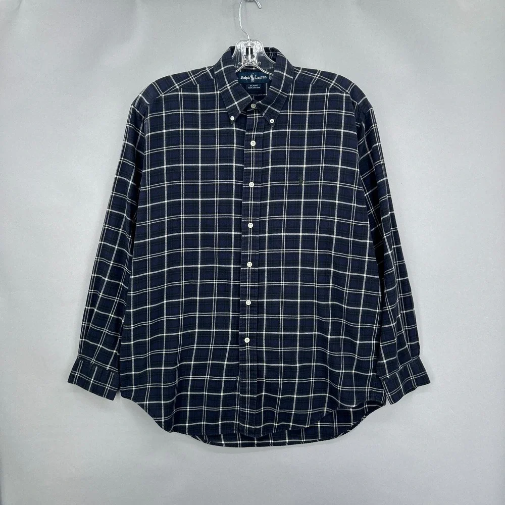 Vintage Ralph Lauren Shirt‎ Mens Medium Blue Green Plaid Tartan Blaire Oversized